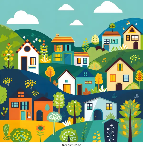 Colorful Houses on Green Hills Illustration
