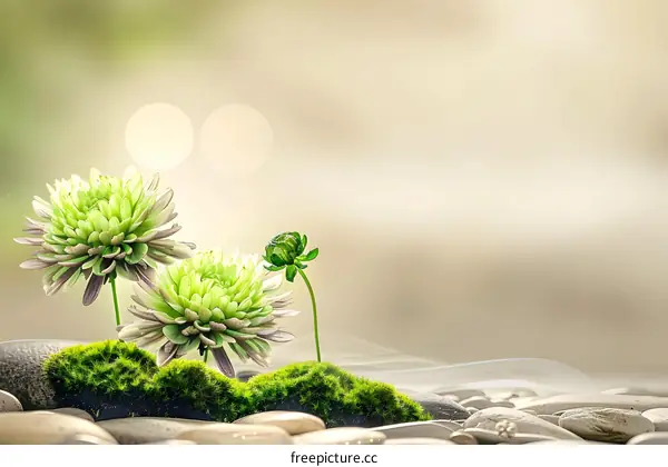 Green Flowers on Pebbles with a Blurred Background