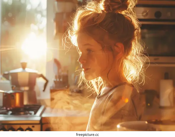Little girl standing in the kitchen and looking away