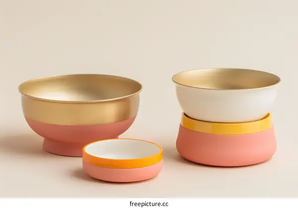 Set of Three Stackable Bowls in Pink Yellow and Gold