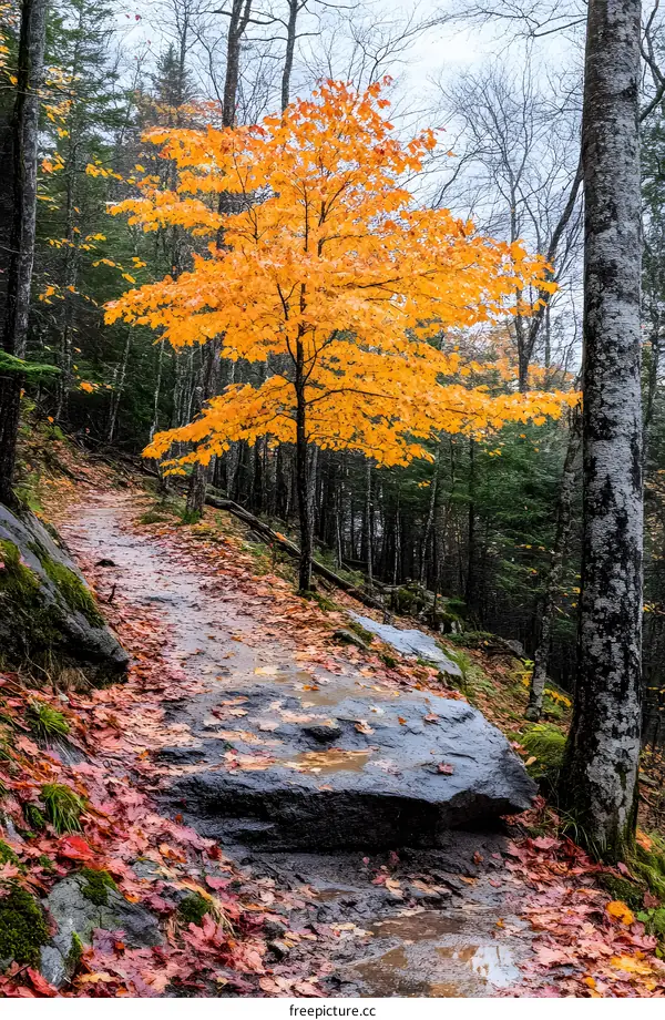 Autumn Forest Trail with Yellow Maple Tree
