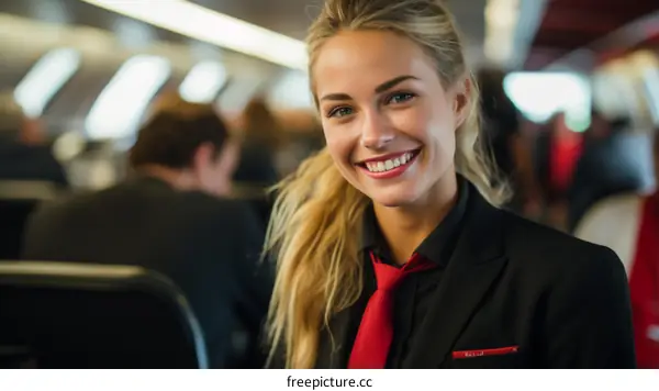 Portrait of a smiling young blonde woman in a suit and red tie