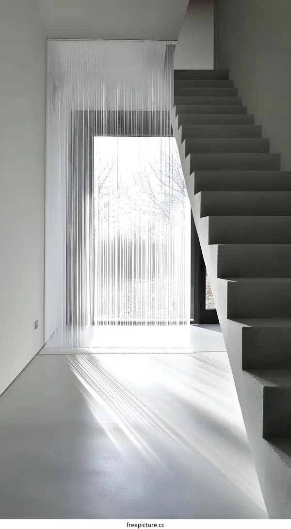 Modern Staircase with White String Curtain and Sunlight