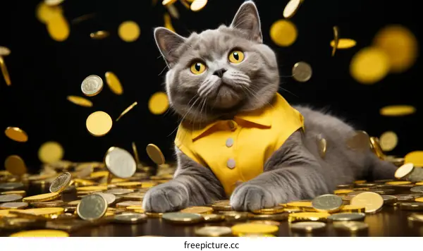 A gray cat wearing a yellow shirt is lying on a pile of gold coins