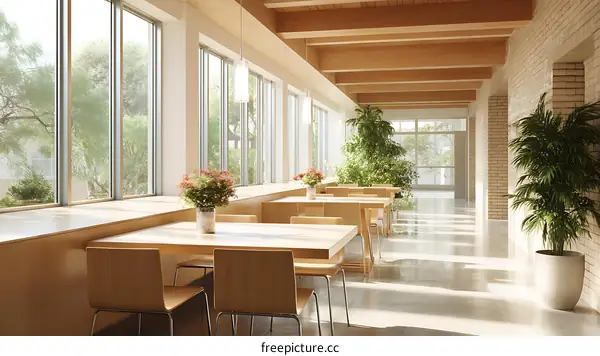 Modern Cafe Interior with Large Windows and Wooden Furniture