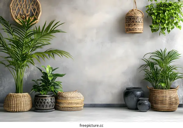 Grey Wall with Wicker Baskets and Green Plants