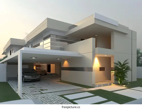 Modern House Design with Covered Carport and Palm Tree