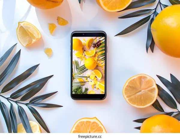Smartphone on White Background with Citrus Fruits and Leaves