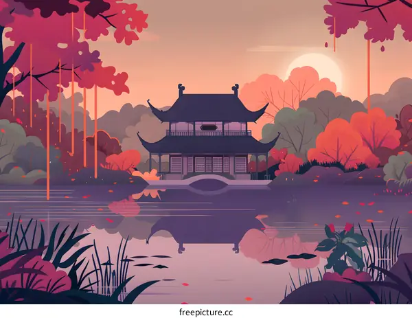 Traditional Chinese Architecture Illustration with Water Reflection