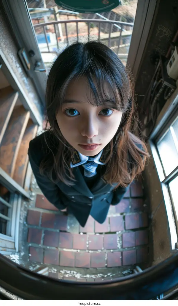 A girl in a school uniform looking down at the camera