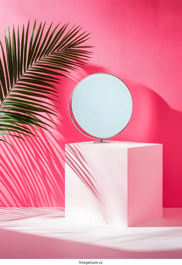 Pink Wall with Mirror and Palm Leaf