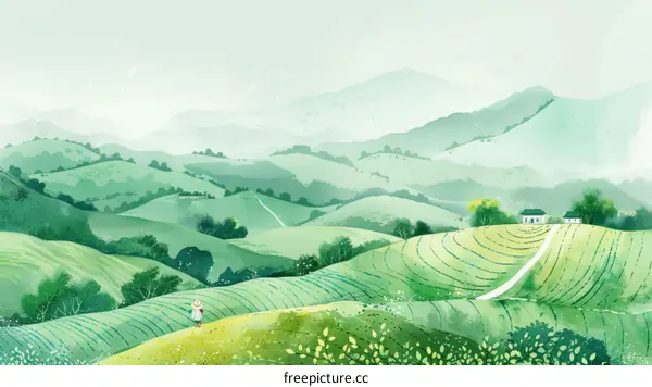 A watercolor painting of a green landscape with a small house