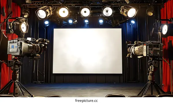 Empty Studio Stage with Two Cameras and Lights