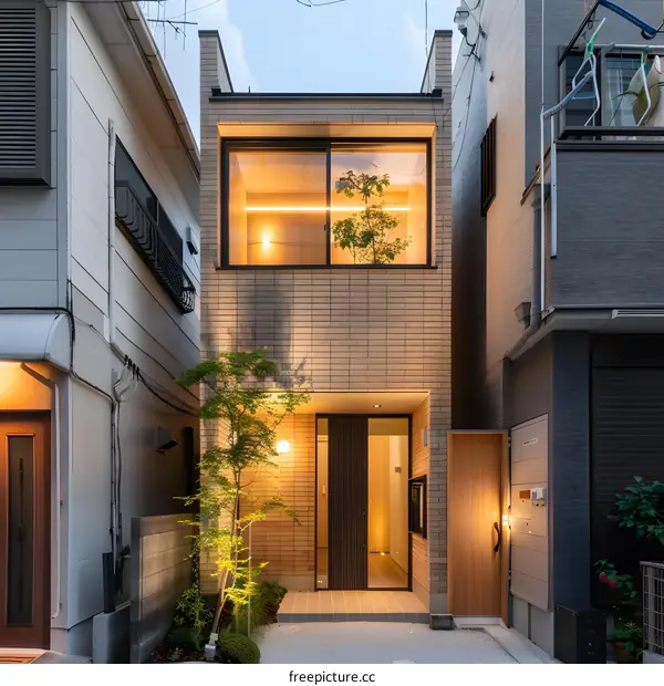 Modern Japanese House with Brick Facade and Small Garden