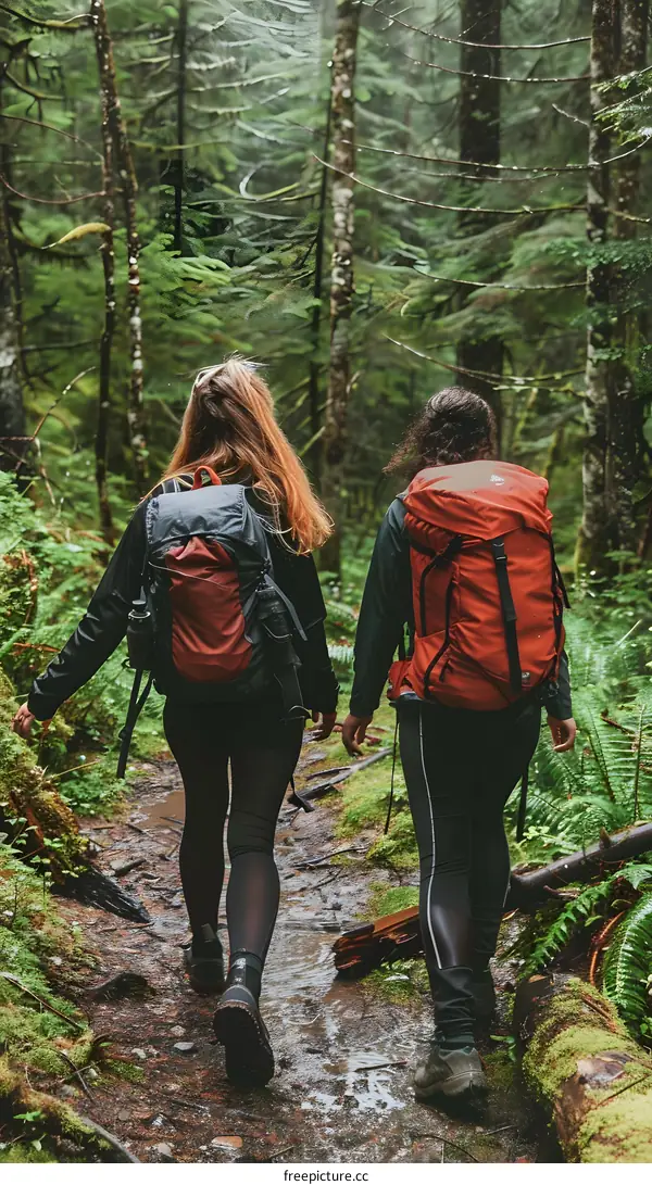 Two Female Hikers Walking Through A Forest Trail