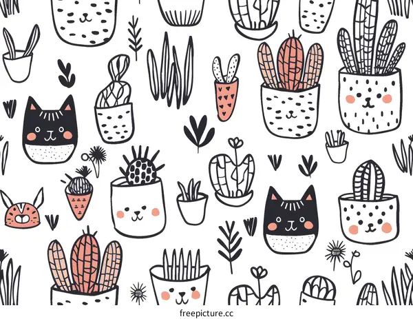 Cute Cat And Cactus Seamless Pattern