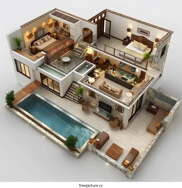 3D rendering of a modern house with pool