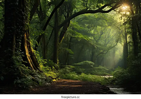 The sun shines through the lush green jungle