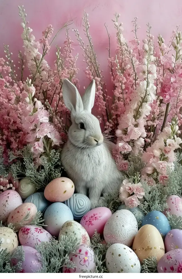 A fuzzy gray bunny sits by pink Easter flowers and eggs