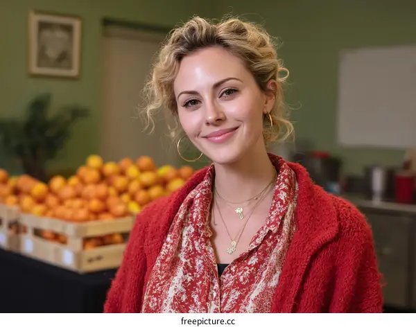 Young Woman Smiling in Front of Fruit Display