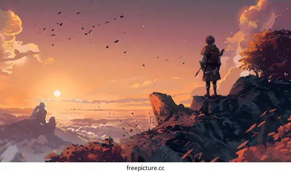 Fantasy Sunset Landscape with Lone Figure