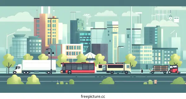 Cityscape Illustration with Buildings, Vehicles, and People