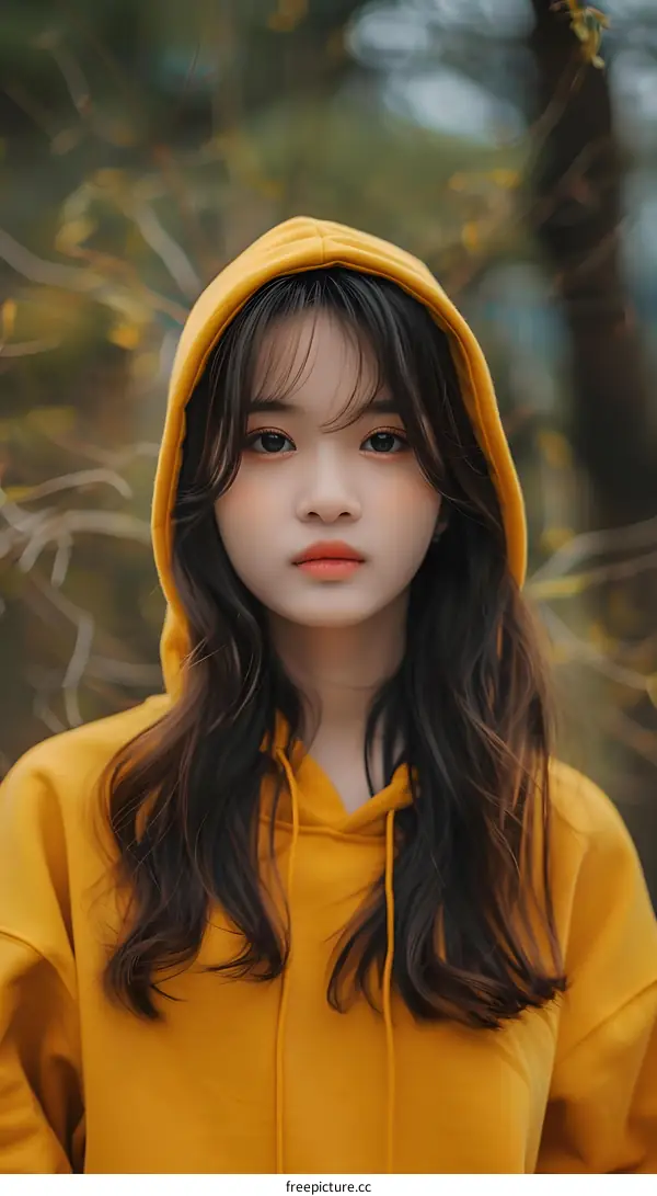 Beautiful Asian Woman with Yellow Hoodie in the Forest