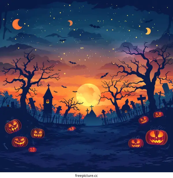 Spooky Graveyard at Night with Pumpkins and a Full Moon