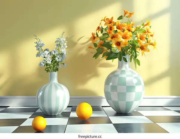 Two vases and three oranges