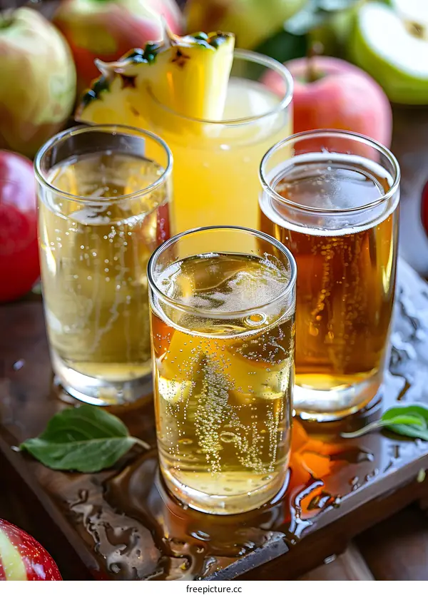 Four Glasses of Apple Cider with a Slice of Pineapple