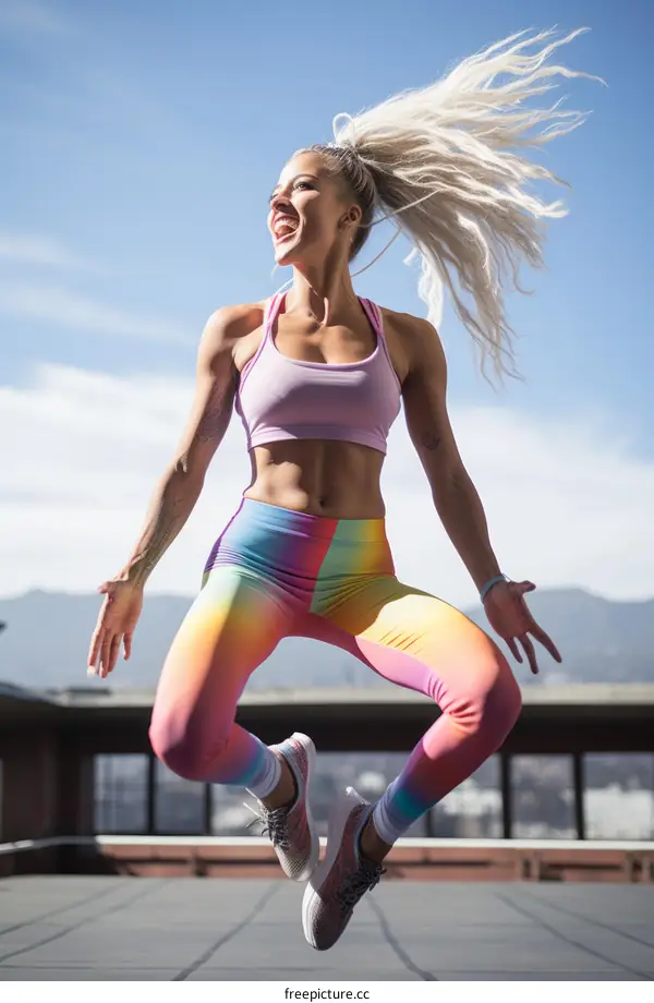 Ecstatic blonde woman jumping in the air with joy