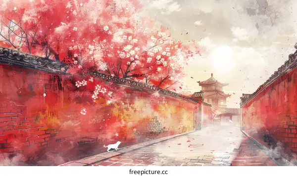 Chinese ancient architecture, red wall and white cat