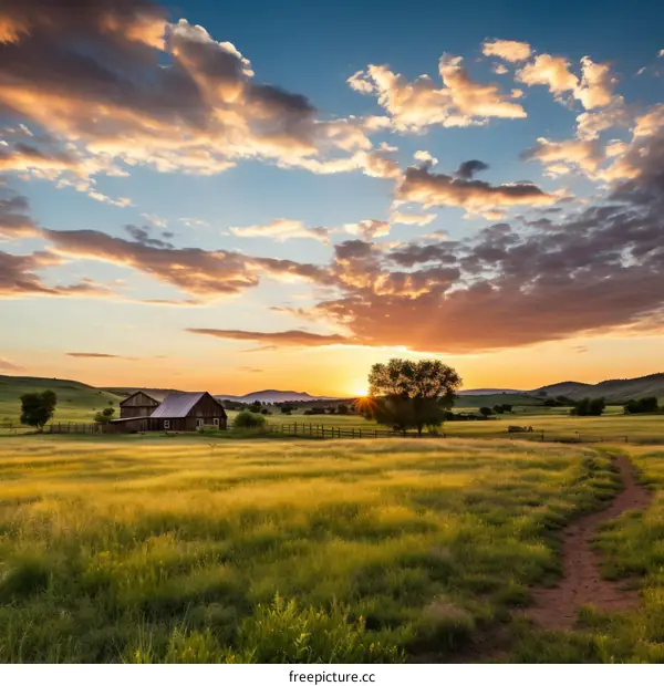 Rural American Farmland Landscape at Sunset