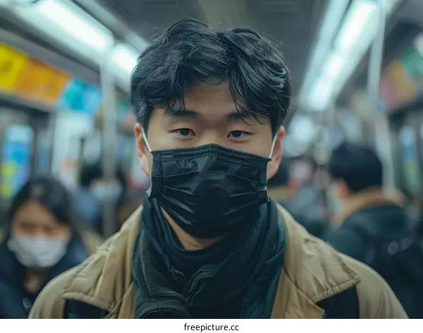 戴口罩的亚洲人在火车上