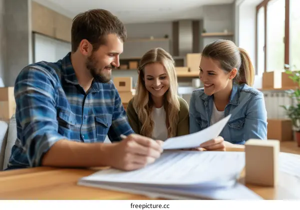 Three people are discussing a document while sitting around a table