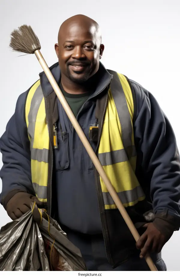 portrait of a smiling African American sanitation worker holding a broom