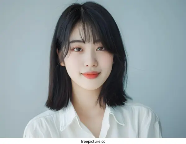 Portrait of a Young Asian Woman with Short Black Hair Smiling at the Camera