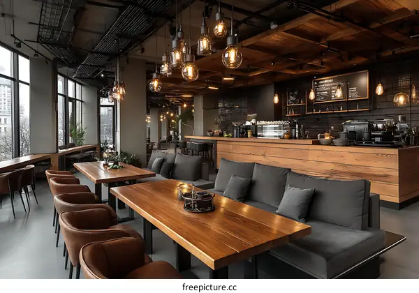 Modern Coffee Shop Interior Design with Wooden Tables and Chairs