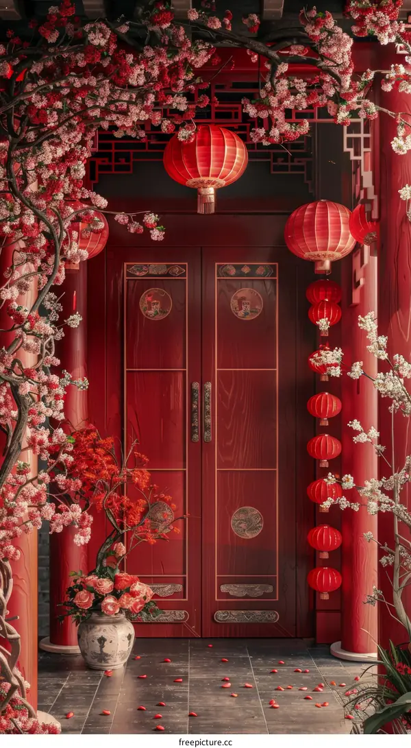 Red Chinese Door with Peach Blossom and Red Lanterns