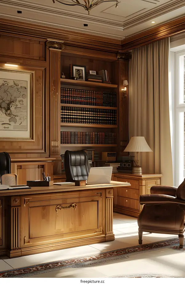 Luxury home office library with wood paneling