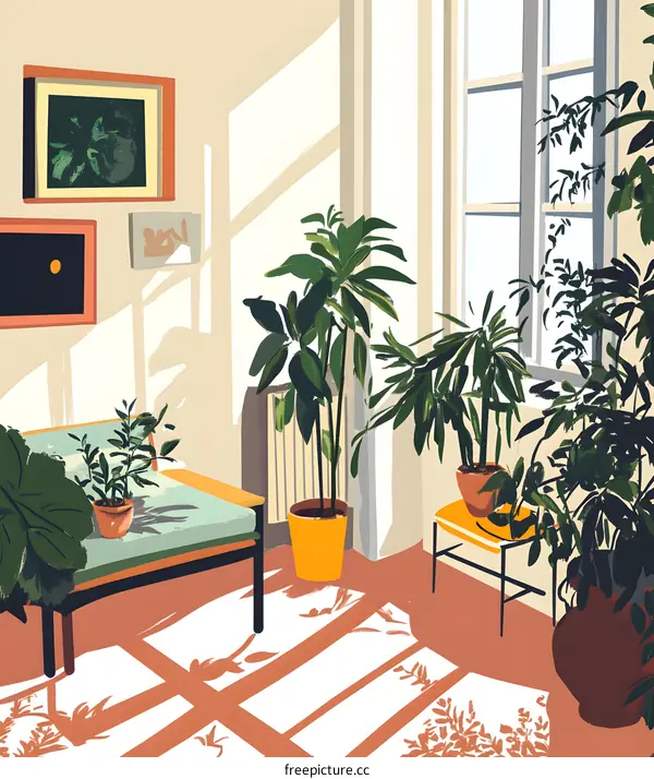 Living Room With Plants and Sunlight Illustration