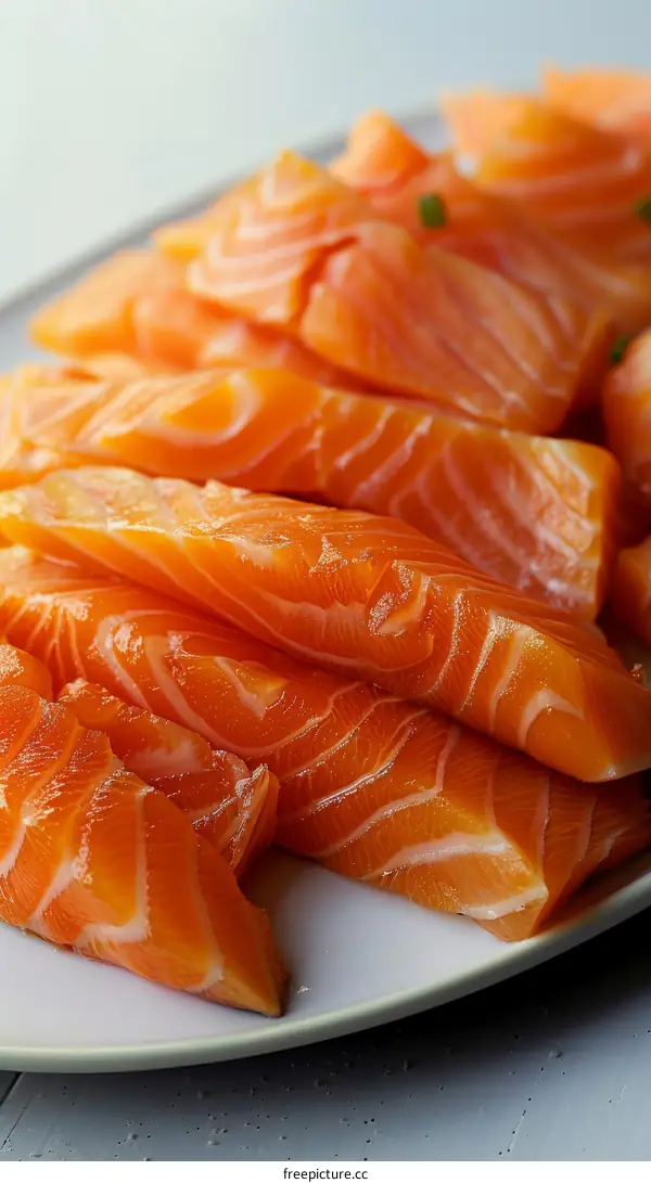 Fresh raw salmon fillet pieces on white ceramic plate