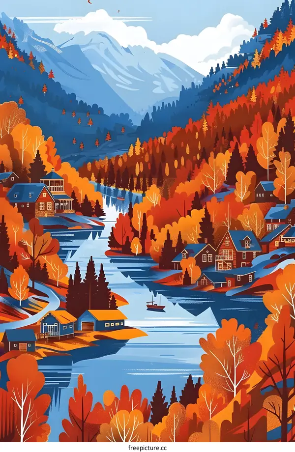 Autumn Landscape with Houses and a River