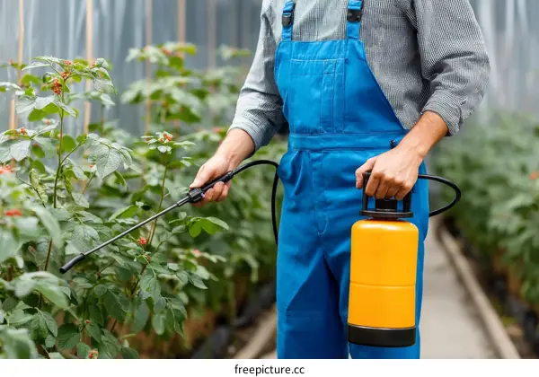 Gardener spraying pesticide on plants in greenhouse
