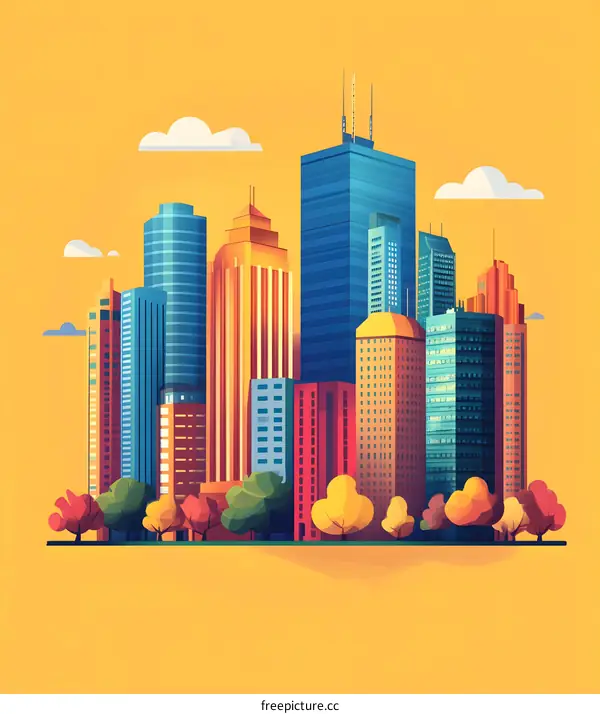 Colorful Cityscape with Skyscrapers and Trees