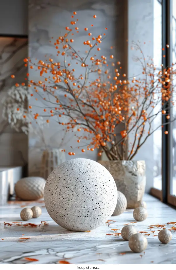 A ceramic ball sits on a marble table near a window. A vase with orange berries sits behind the ball. Several small ceramic balls are scattered on the table.