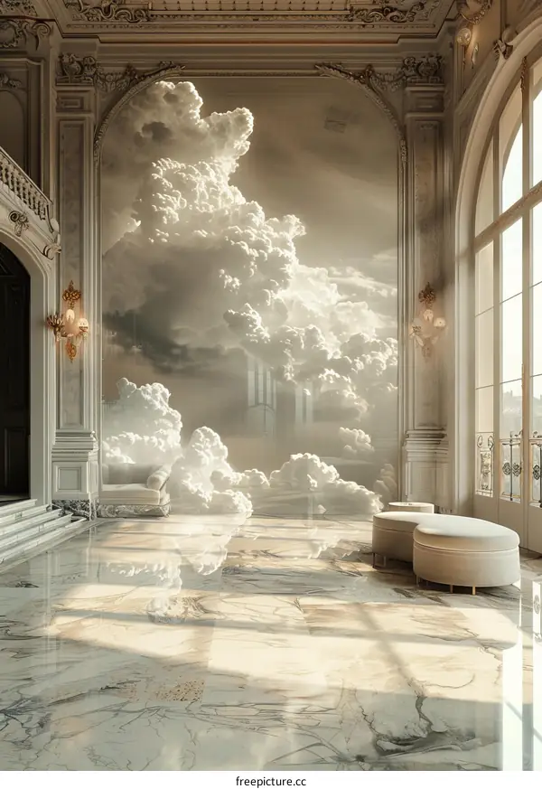 Elegant Interior with a Dreamy Sky Mural