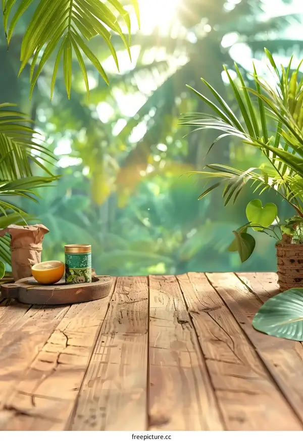 Wooden Table with Green Plants and Sunlight in the Background