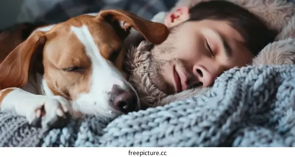 Man and Beagle dog sleeping together under blanket