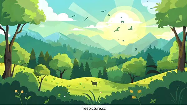 Beautiful Green Forest Landscape with Deer Illustration